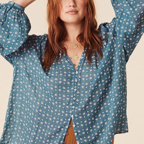 Spell Blue Floral Button-Up Top Yellow Rose Blouse - Cornflower Blue - Picture 2 of 8